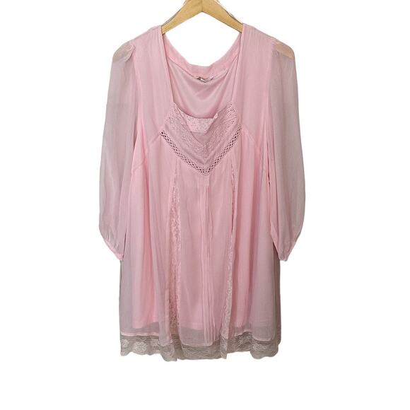 Vintage Pink Blouse Lace Crochet Detail Lined Semi Sheer Sleeves Womens Size 20 - Picture 1 of 7